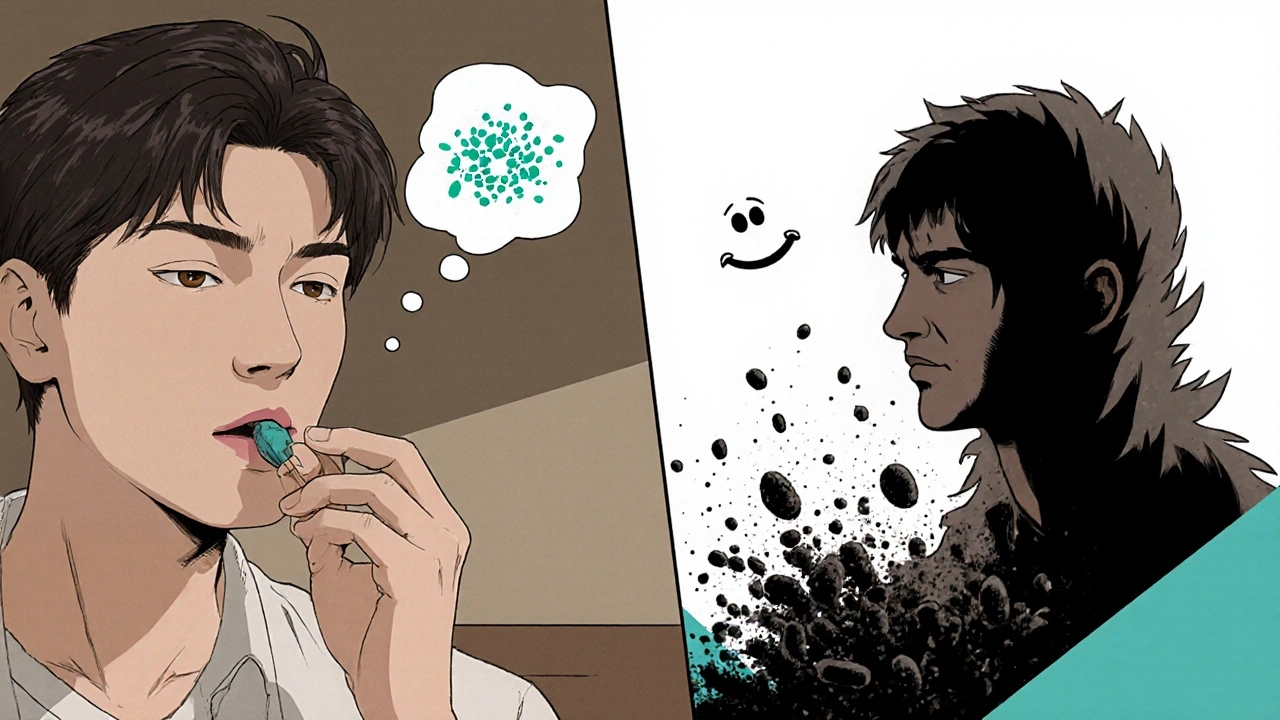 A person recovers from infection as harmful bacteria crumble, healthy microbes smile nearby.