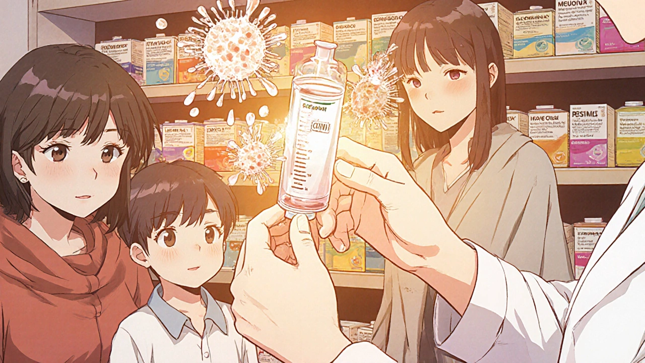 A pharmacist measures Trimox liquid while bacterial cell walls break apart in transparent overlay.