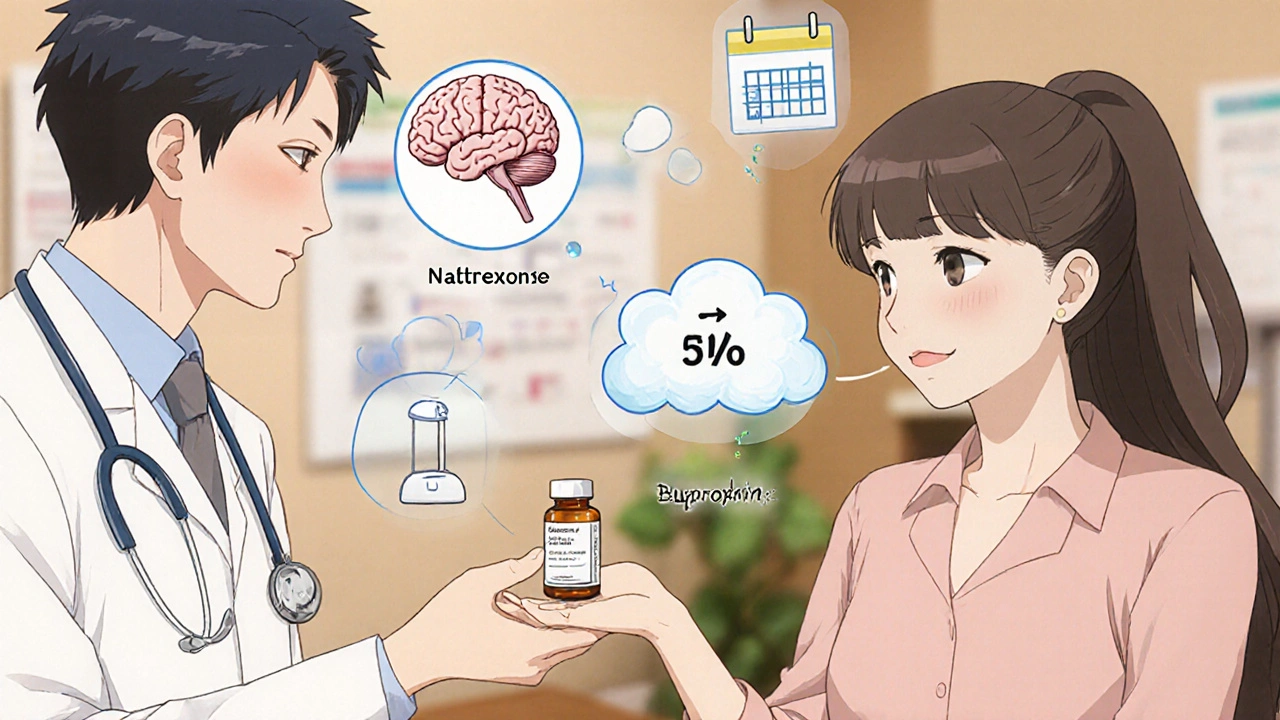 Doctor giving Mysimba pill bottle with floating icons showing brain, weight loss, and time.