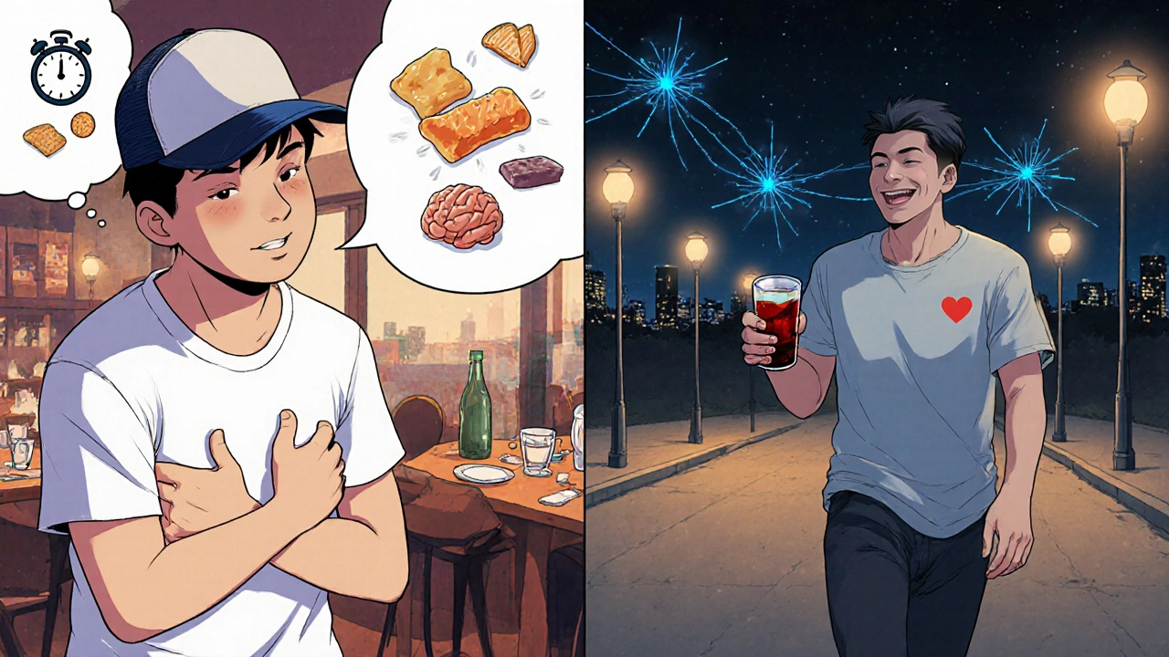 Man transitioning from stressed trucker with snacks to calm walker with water, brain signals changing.