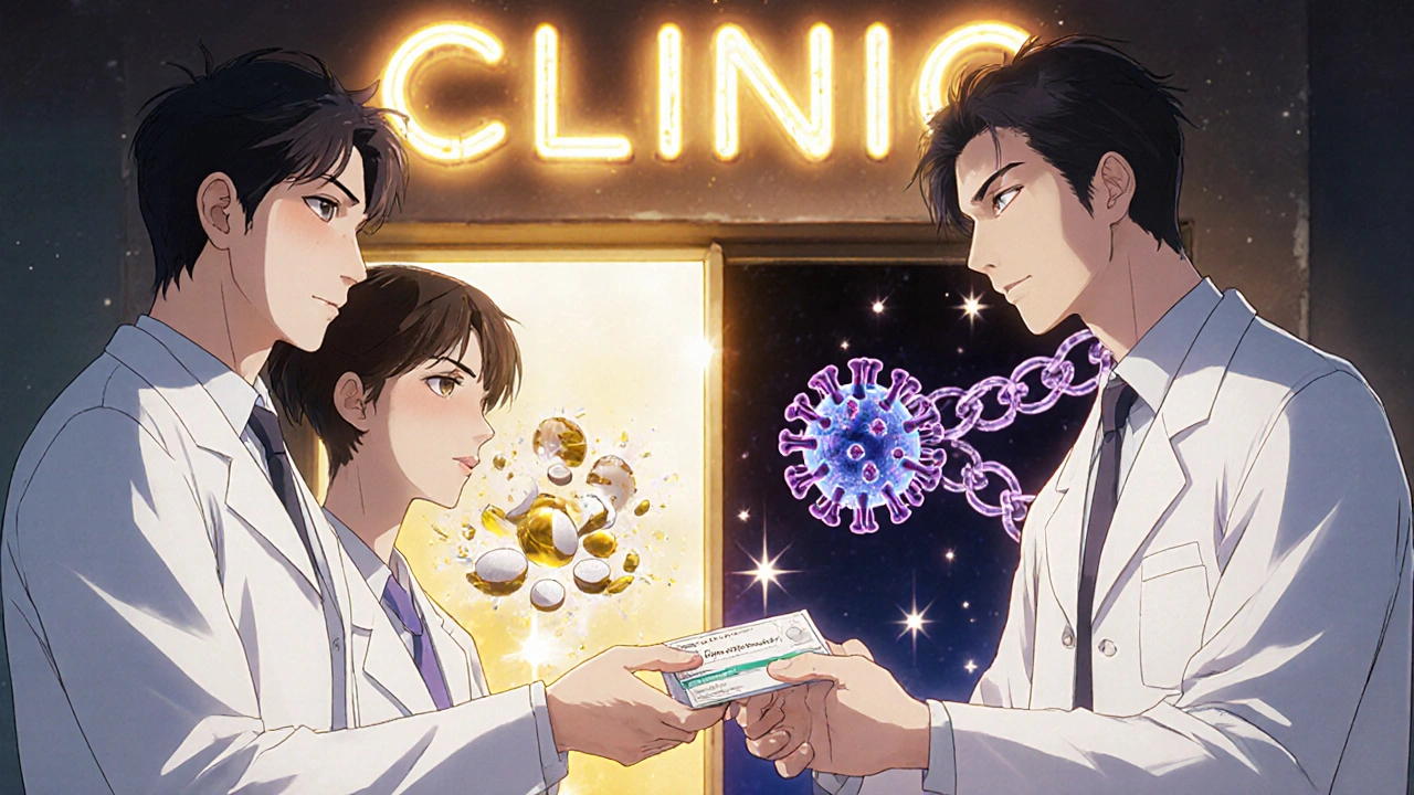A medical team handing over dolutegravir as a suppressed virus is visually contained in anime style.