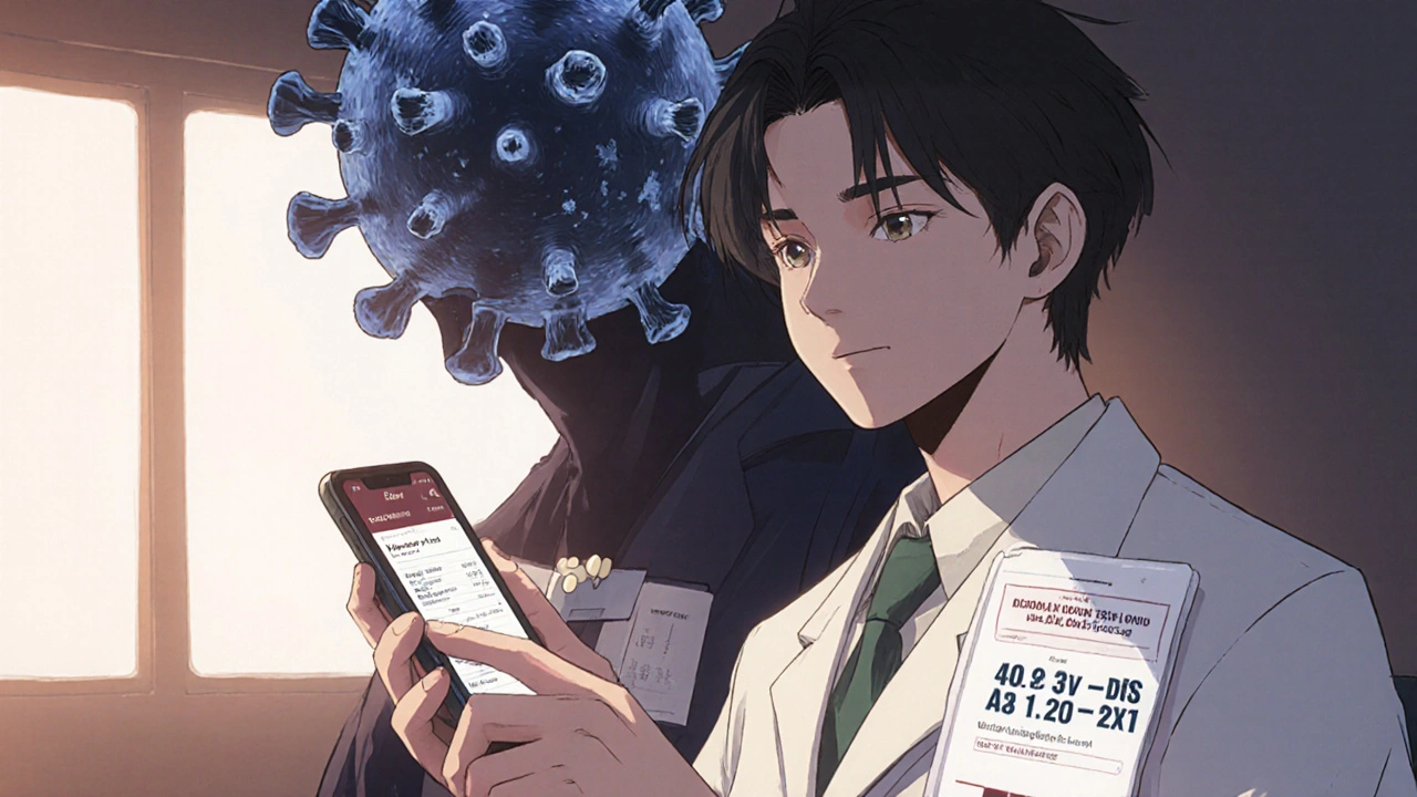 A patient checking pills and a viral load test while a shadowy resistant virus looms nearby.