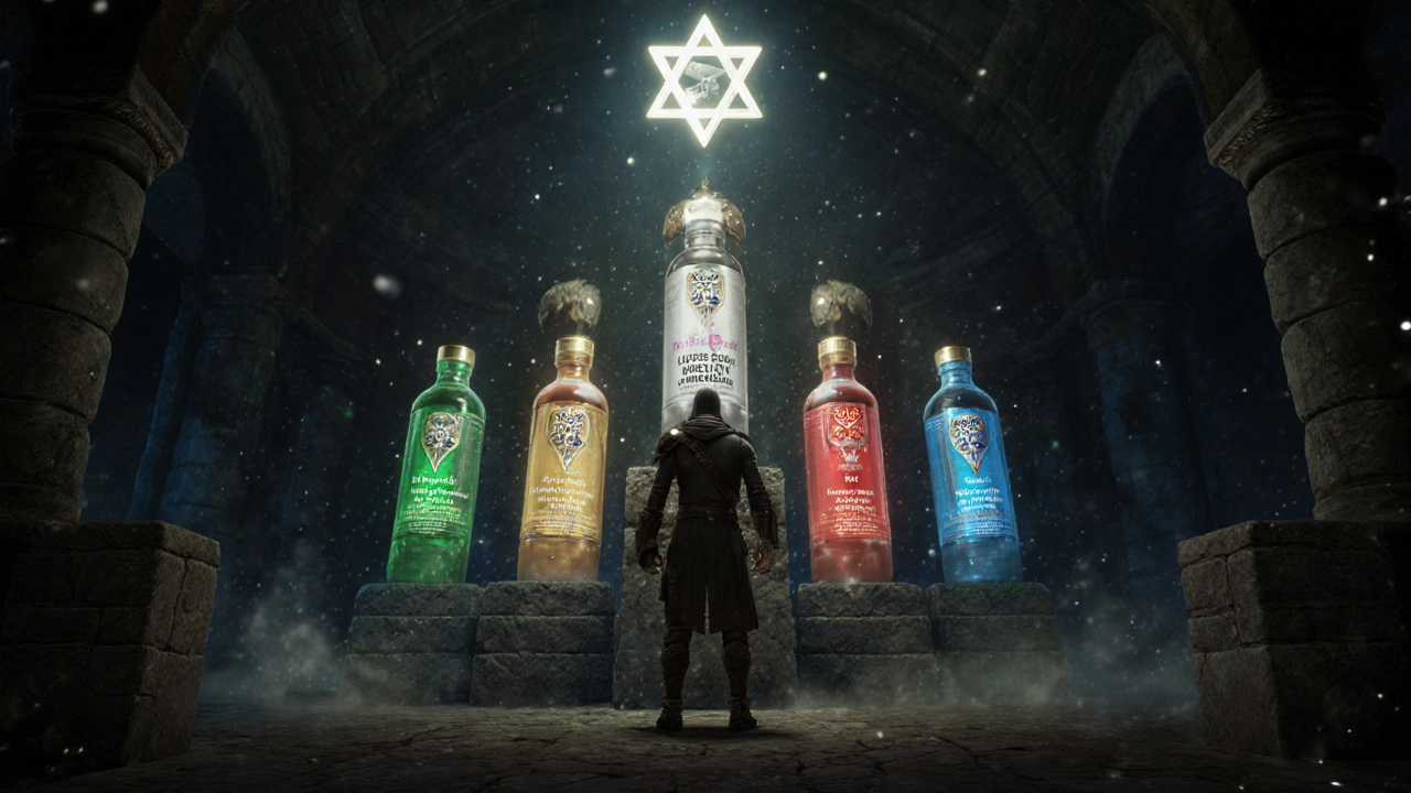 Adventurer selecting a glowing liver supplement from pillars, each representing a different health goal.