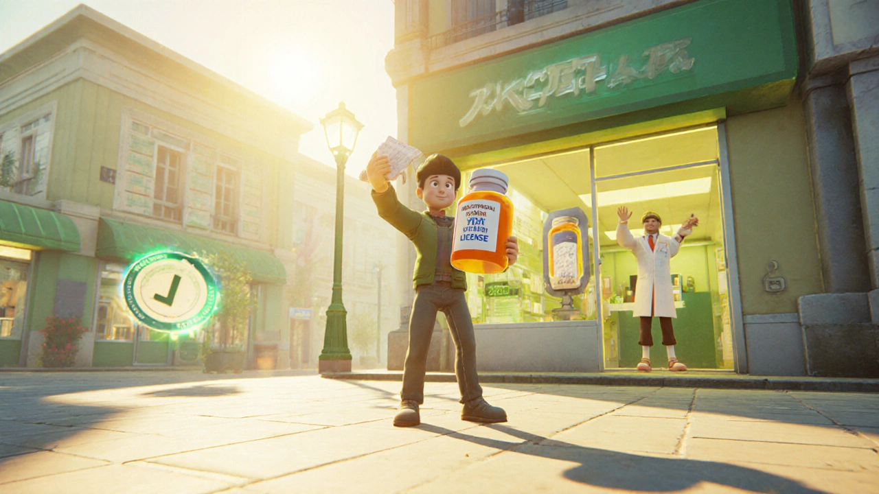 Avatar holding a delivered medication package in front of a verified pharmacy storefront.