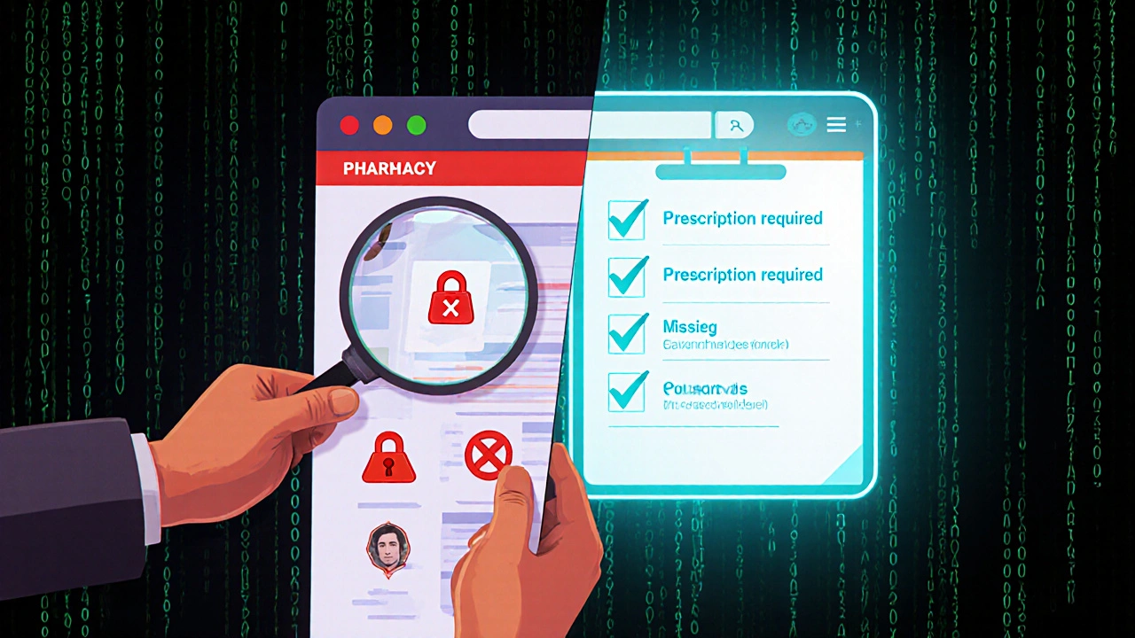 Avatar inspecting a website with red warning icons and a floating checklist of safety steps.