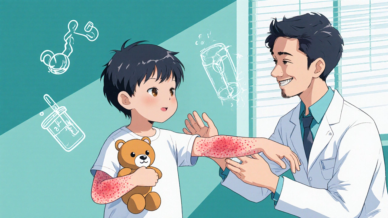 Child with red urticarial rash and swollen joints examined by a doctor.