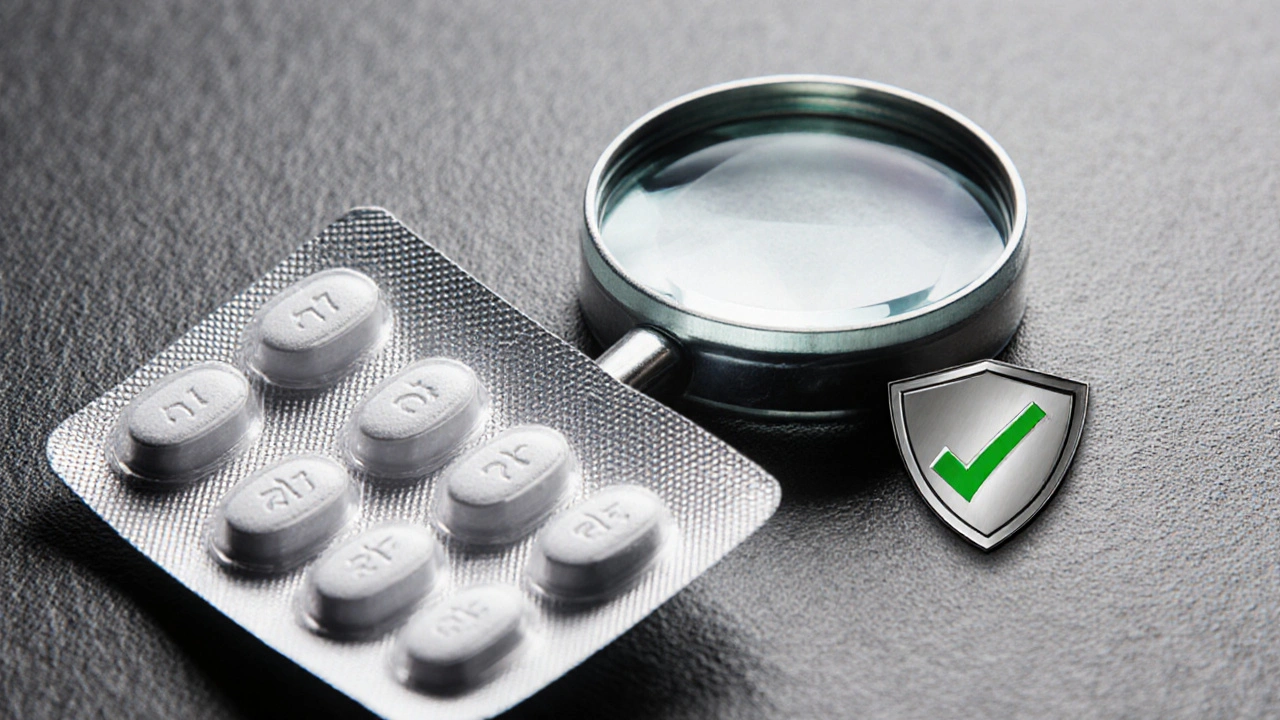Close-up of an open blister pack of generic clopidogrel pills with a magnifying glass.