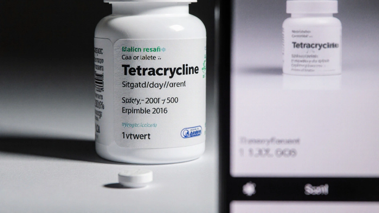 Close-up of tetracycline bottle label and smartphone scanning a tablet for authenticity.