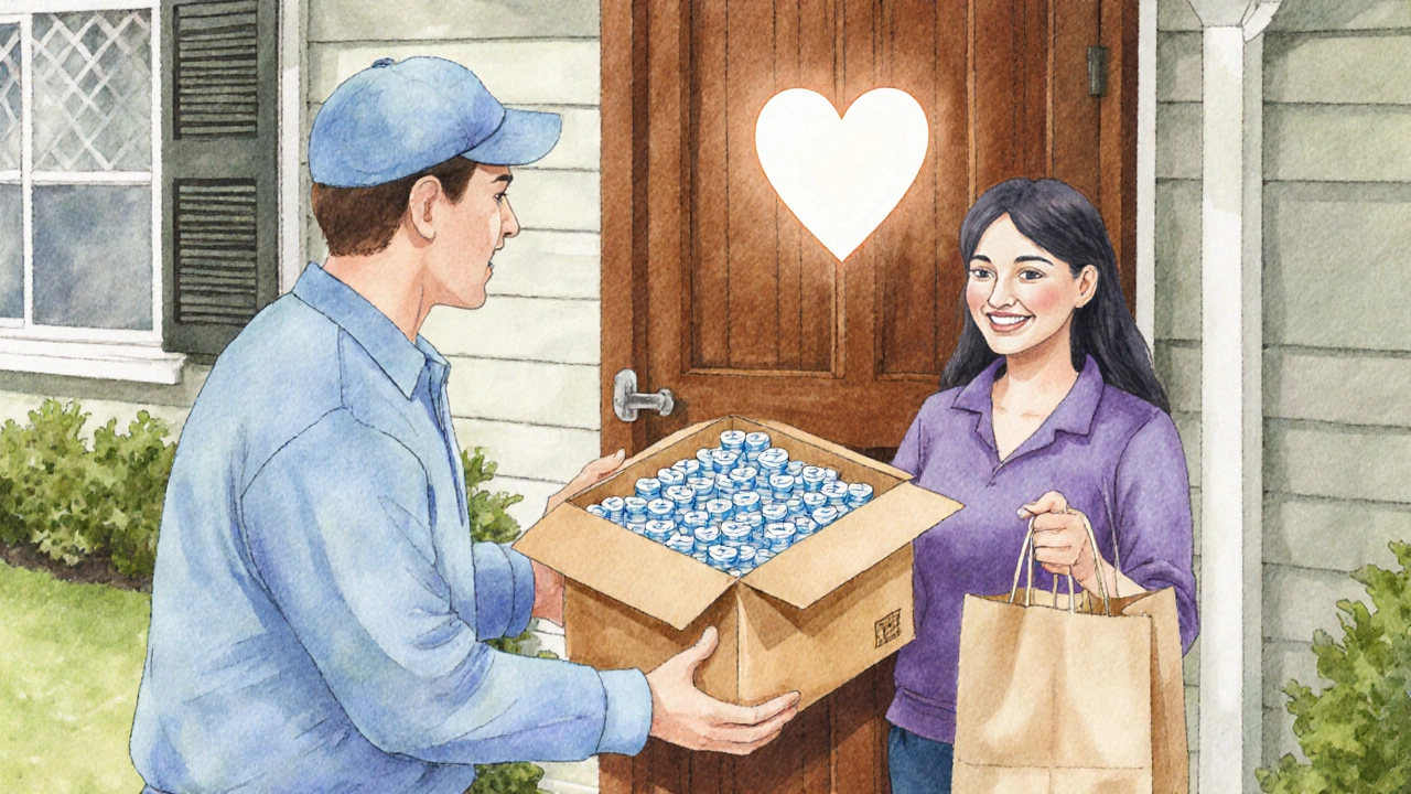 Courier delivering a box of generic Plavix pills to a happy patient at home.