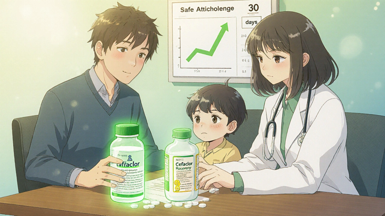 Doctor and parents discussing stopping cefaclor and safe alternative antibiotics.