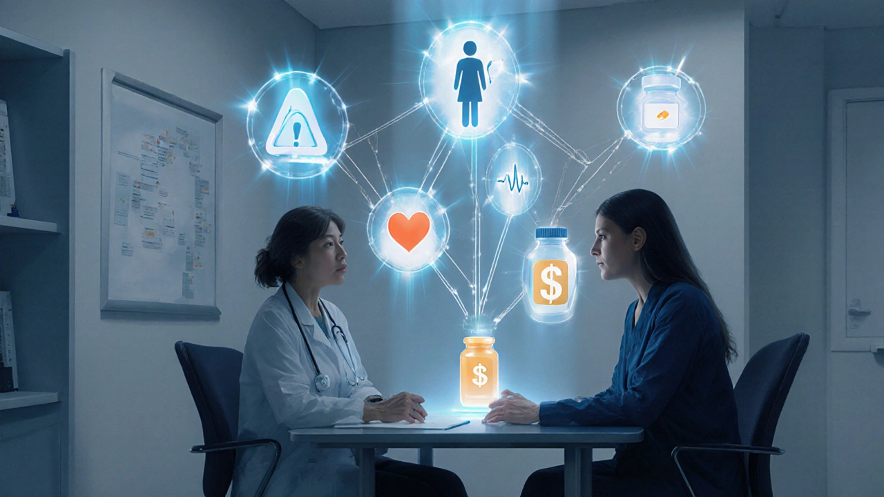 Doctor with floating icons of infection, age, risks, and cost guiding a light decision tree of antibiotics.