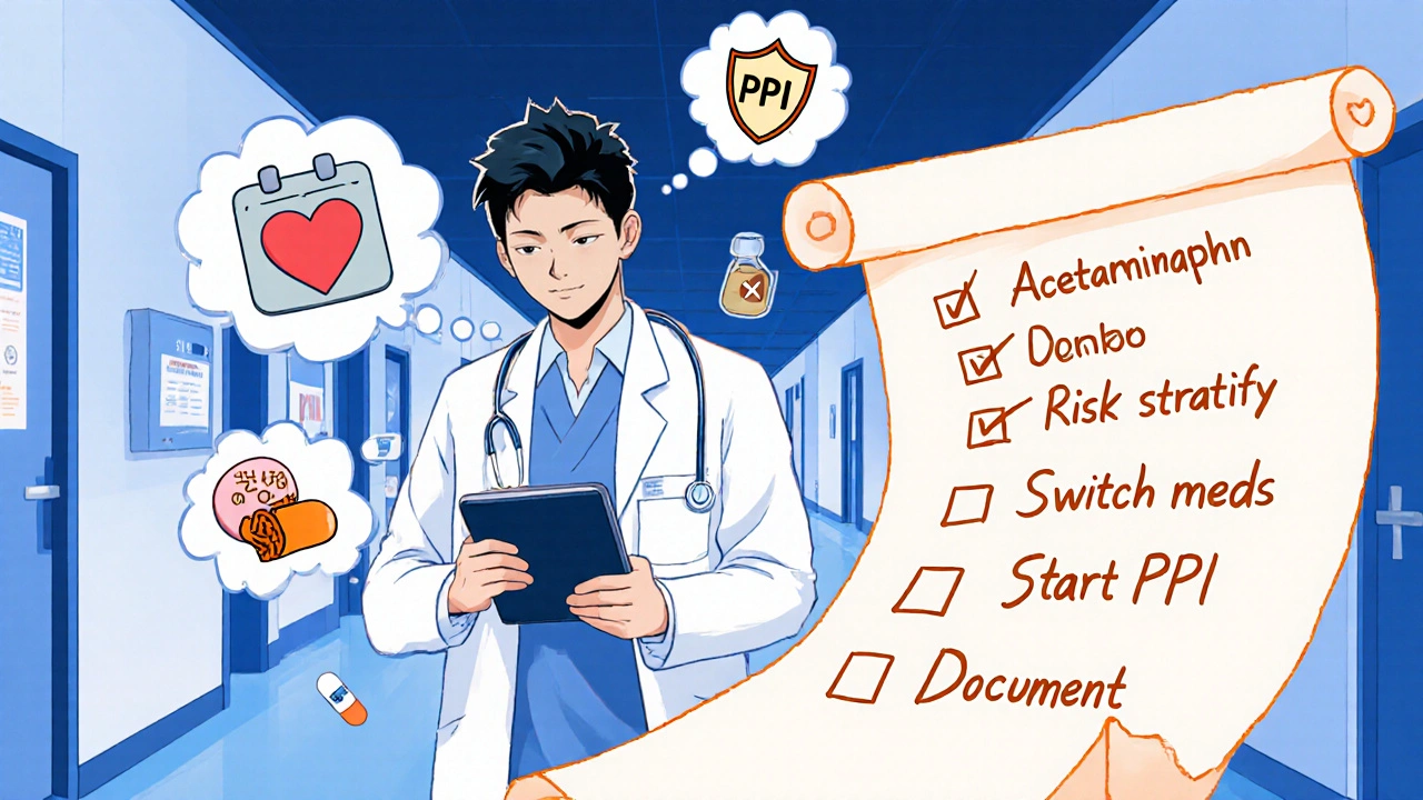 Doctor with tablet and icons for alternative meds, PPI, and a checklist in a clinic.