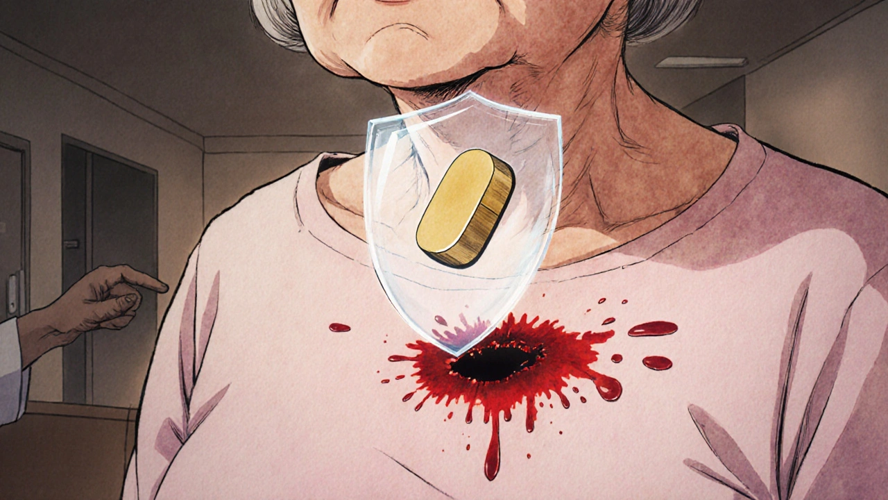 Elderly woman&#039;s stomach with a bleeding ulcer protected by a glowing PPI shield.