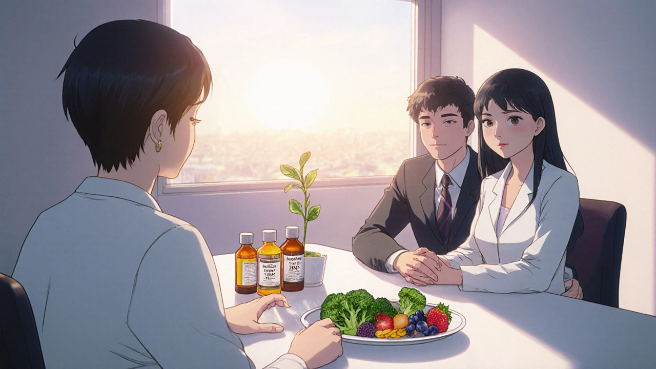Endocrinologist consulting couple, surrounded by supplements and healthy foods, sunrise light.