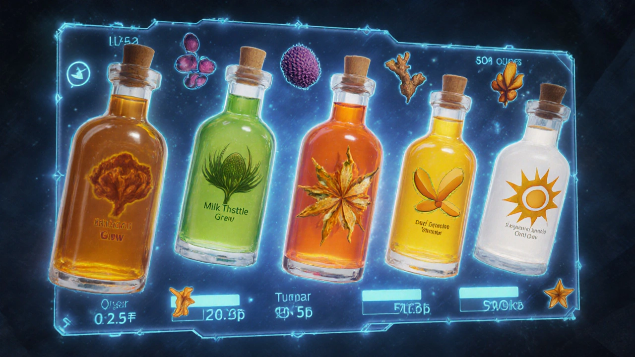 Fantasy inventory display showing five liver supplement potions with distinct colors and glowing ingredient icons.