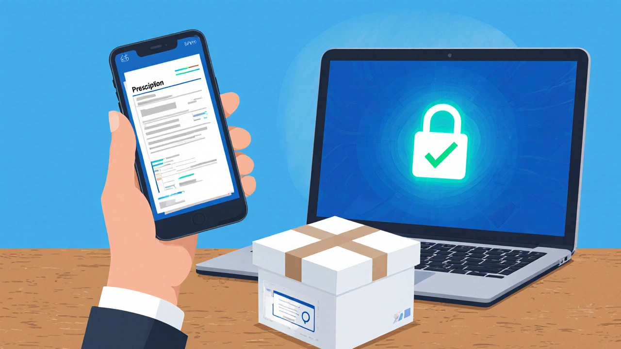 Hand holding a prescription beside a laptop showing a lock icon and a sealed medication box.