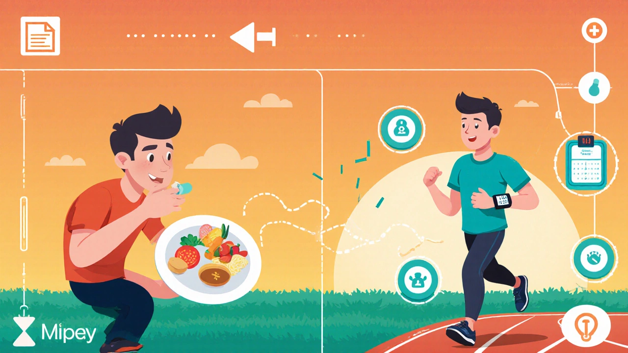 Hero avatar takes pill, exercises, and monitors blood pressure in a tips screen.