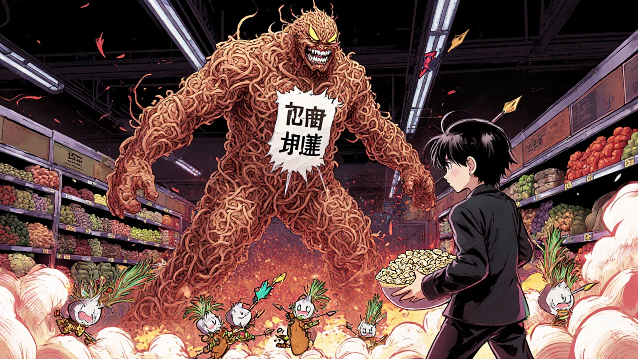 Heroic gut bacteria defeating a bloating monster with garlic spears and chicory arrows in a grocery store backdrop.