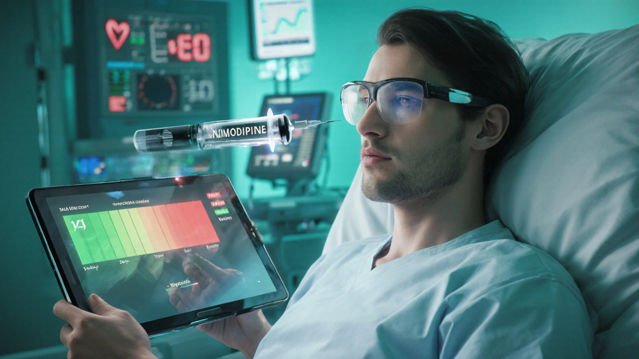 Hospital patient hologram shows mood bar rising after nimodipine dose.