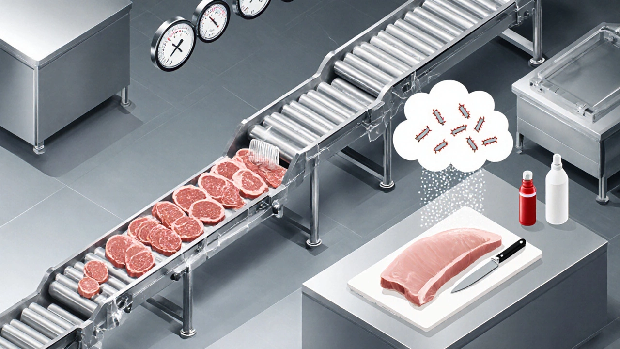 Isometric view of a food‑processing line showing raw meat, equipment, and bacterial spots.