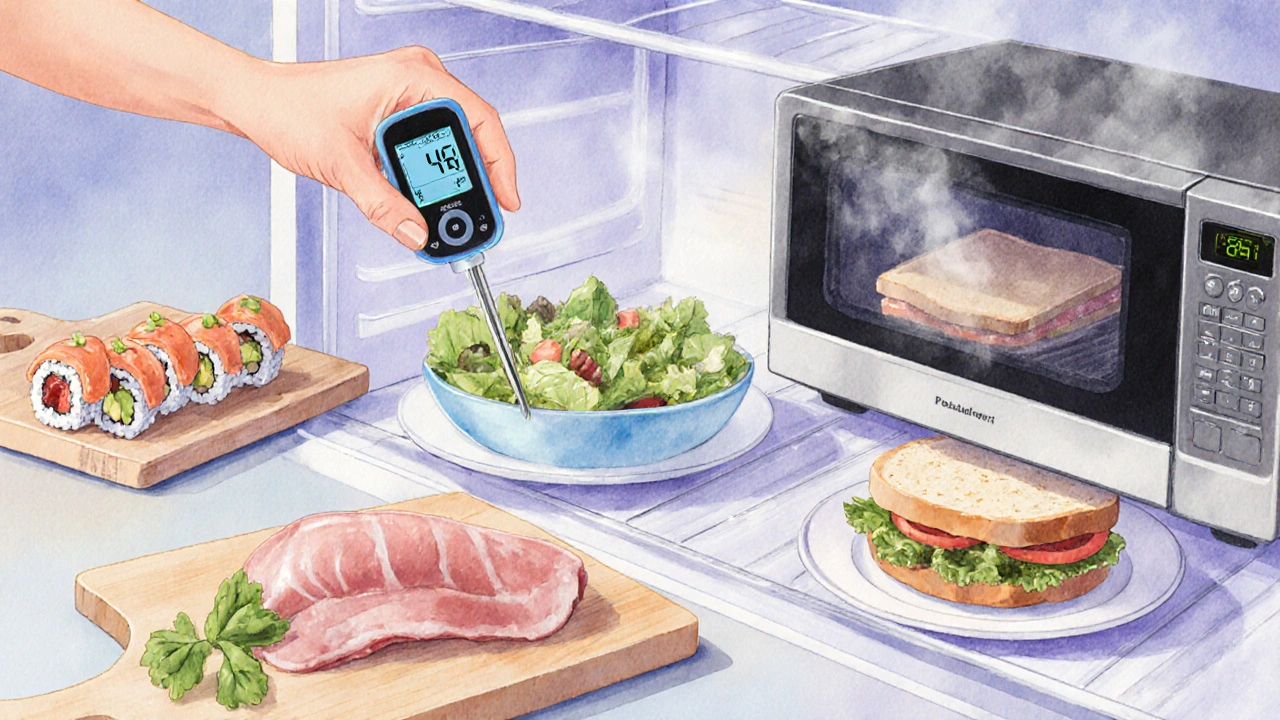 Kitchen scene with fridge, thermometer, separate cutting boards, and a reheating microwave.