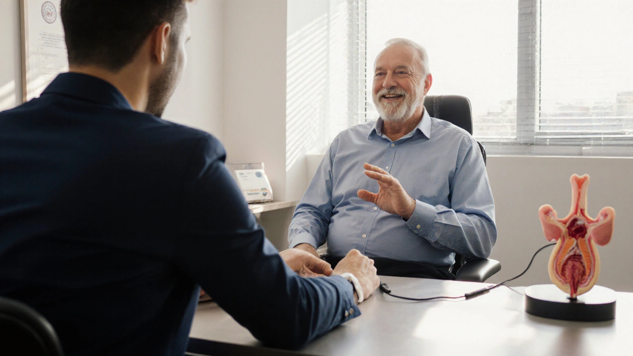 Man consulting a urologist, discussing safe enlargement options with a traction device nearby.
