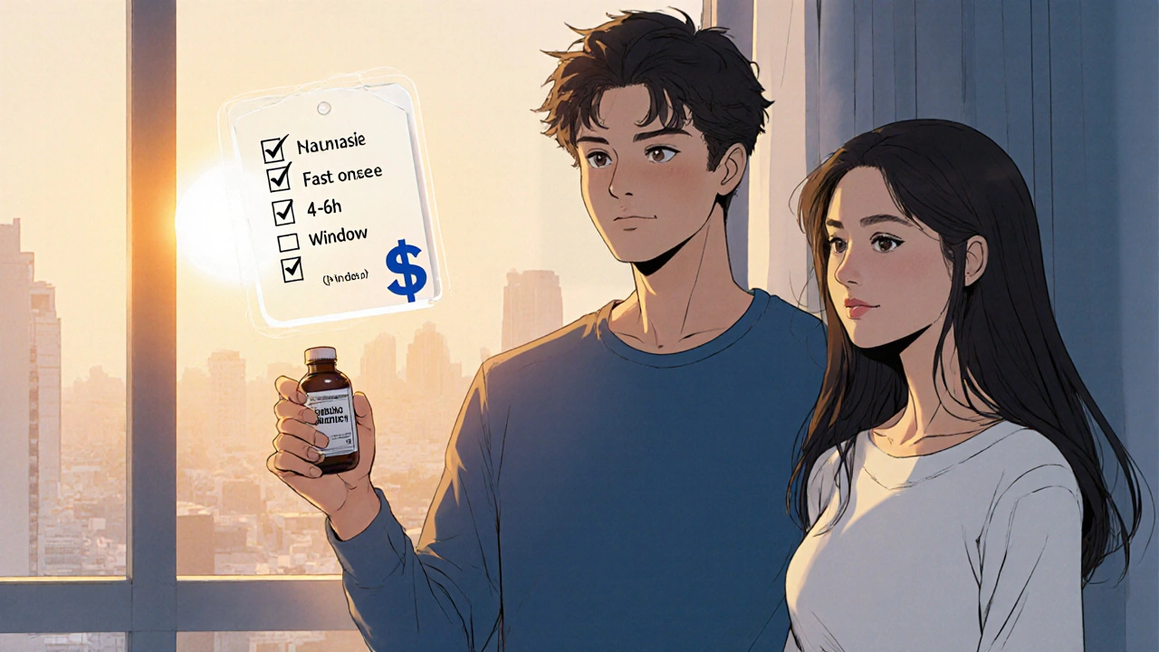 Man holding generic vardenafil bottle with price icon and checklist, smiling with partner in warm light.