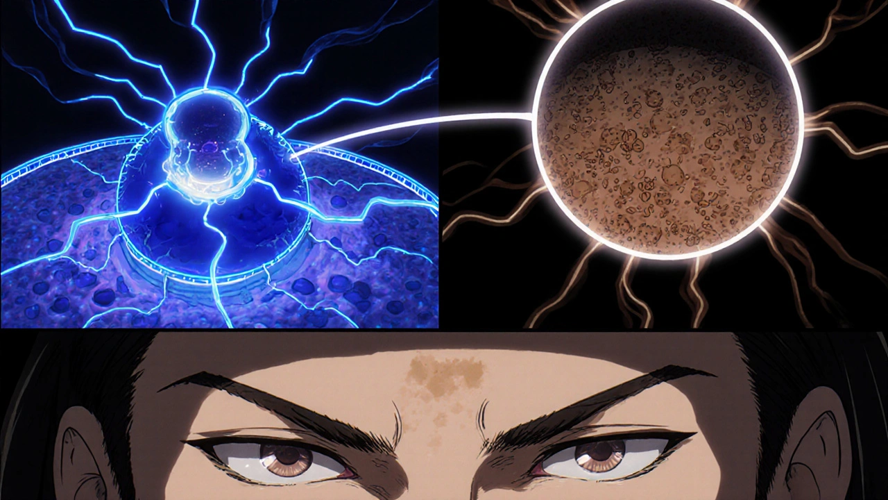 Manga split‑panel showing skin cells with reduced melanin and side‑by‑side light and dark patches.