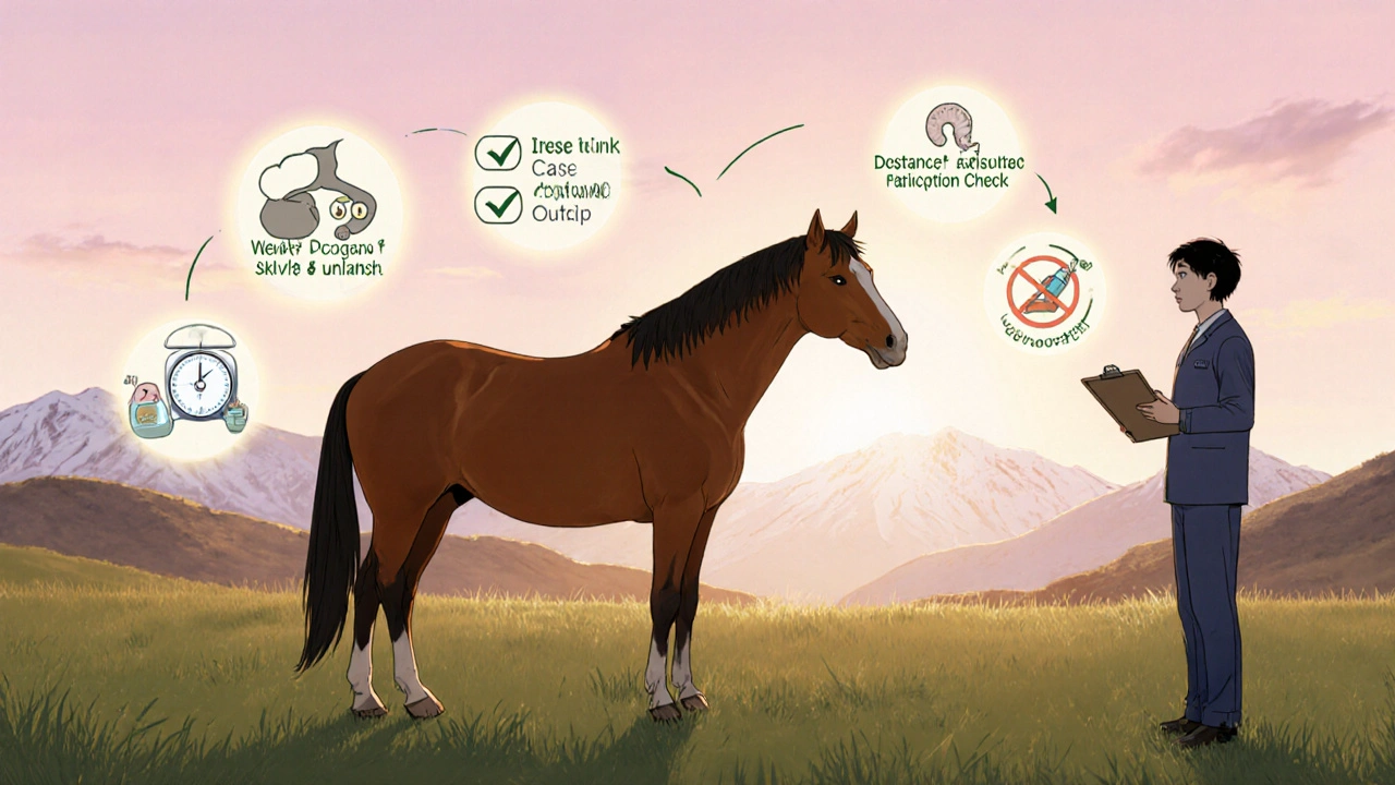 Mare grazing in pasture while vet checks a clipboard with safety icons, anime style.