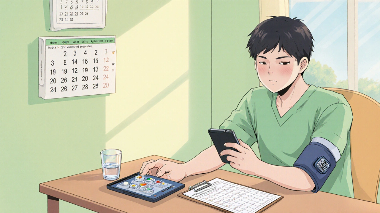 Patient checking blood pressure and using a medication‑tracker app at home.