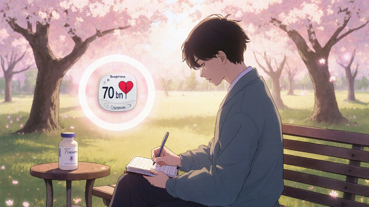Patient journaling in a park, showing stable heart rate and Buspirone bottle.