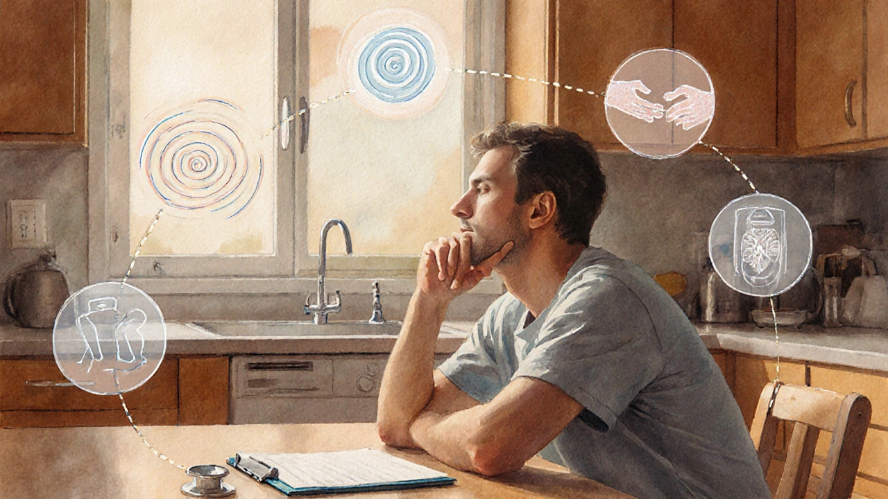 Patient with visual cues of side‑effects like dizziness and tingling, with a doctor’s stethoscope nearby.