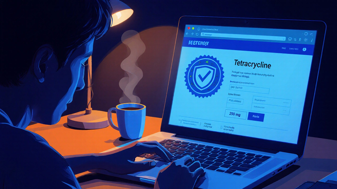 Person reviewing an online tetracycline page with verification seal on a laptop at night.