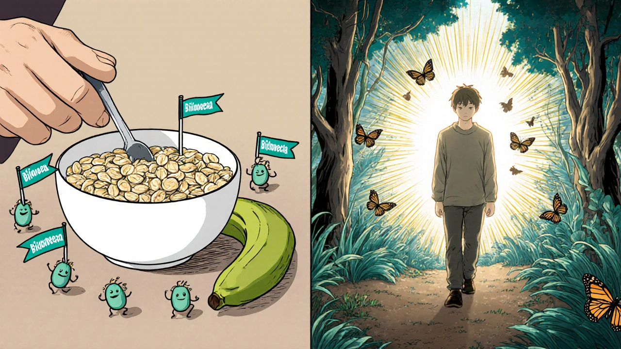 Person transformed from dull to vibrant, walking through a healthy gut forest with fiber butterflies after eating prebiotics for weeks.