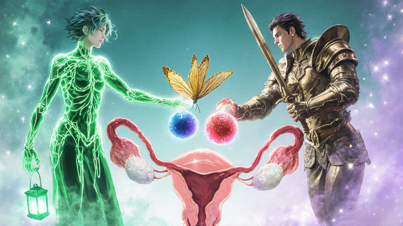Personified enzymes MTHFR, aromatase, and 5‑alpha‑reductase interacting with ovary and testis.