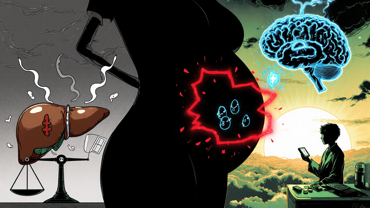 Pregnant figure with warning aura, liver toxicity icons, and hopeful lab scene of neuroprotective research.
