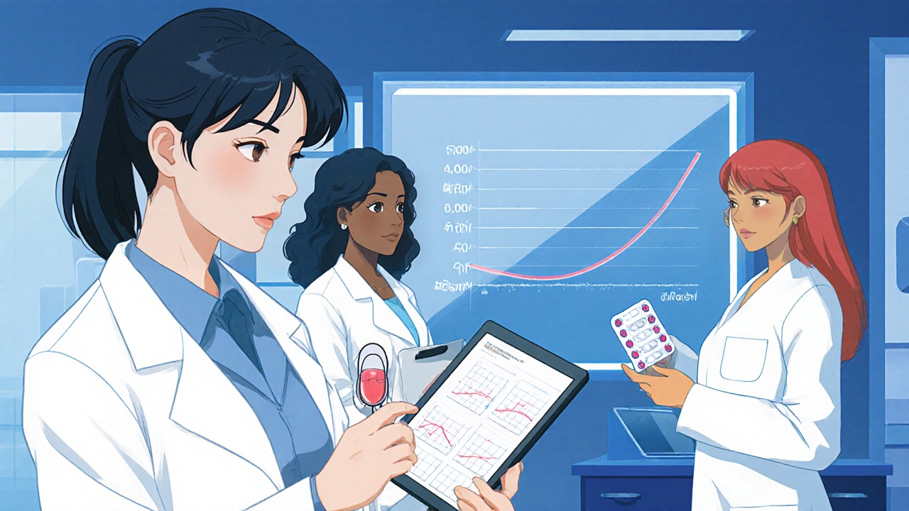 Research lab showing scientist and women with pill and IUD, minimal weight change chart.