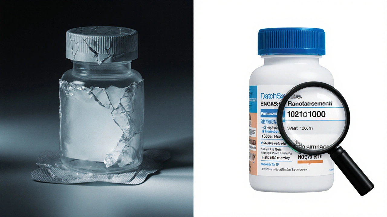 Side‑by‑side view of counterfeit and authentic medication bottles under a magnifying glass.