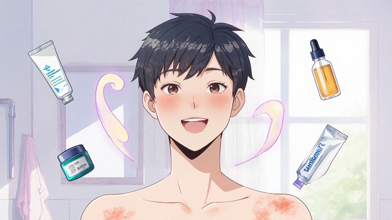 Smiling teen with even skin, surrounded by moisturizers and alternative treatment bottles.