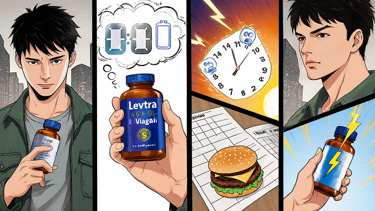 Split‑panel showing a man with each ED pill and symbols for onset time, food impact, and duration.