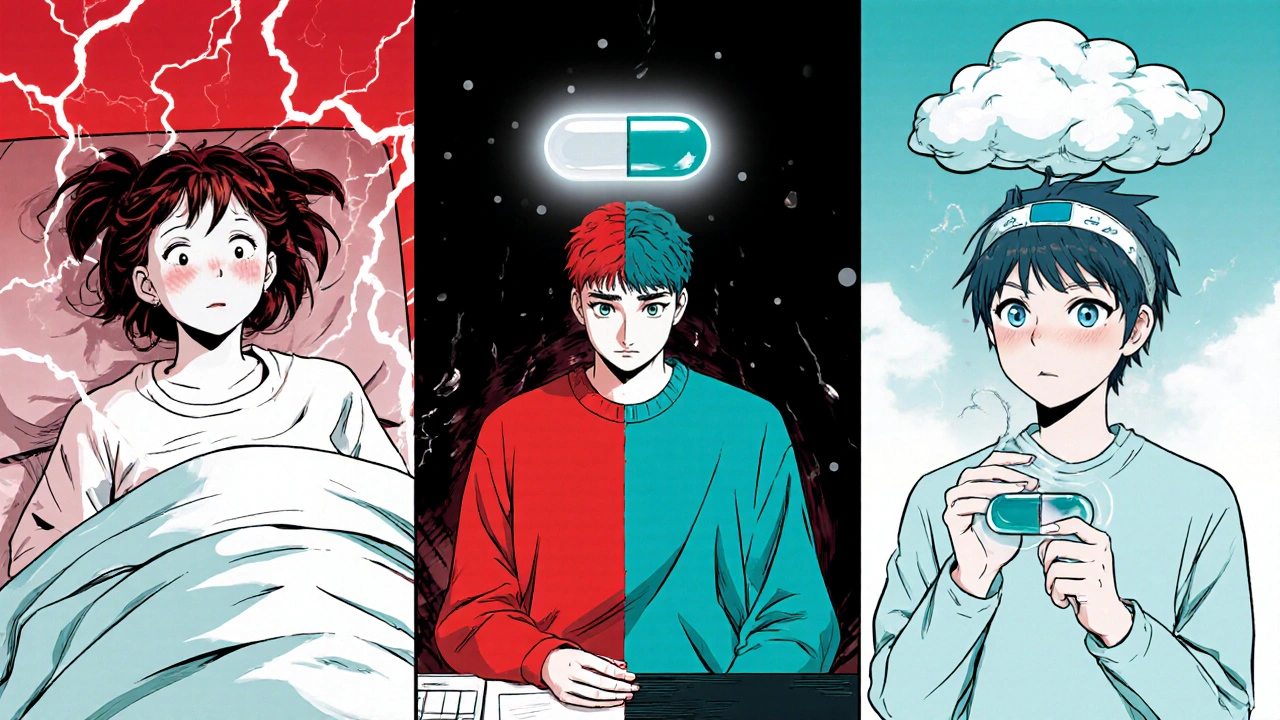 Three panels depicting seizure control, mood stabilization, and migraine prevention with valproic acid tablets.