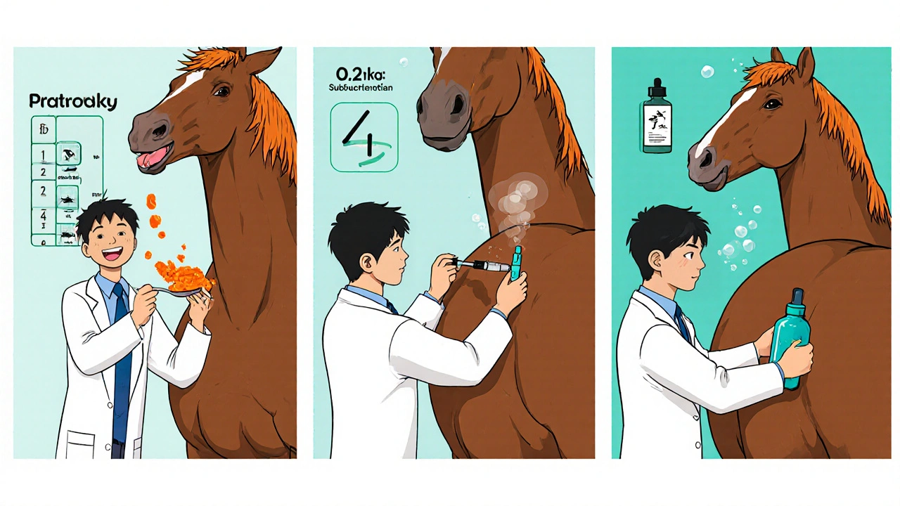 Three panels show vet giving paste, injection, and pour‑on ivermectin to a horse, anime illustration.