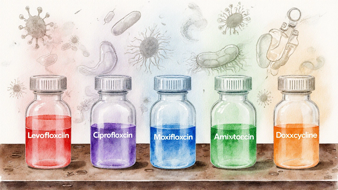 Watercolor lab bench with six antibiotic bottles emitting colored auras over bacterial silhouettes.