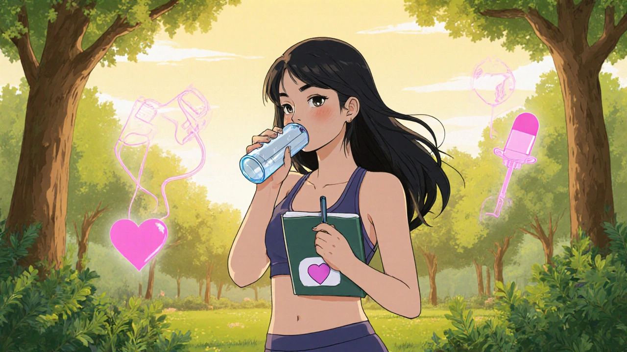Woman drinking water and writing in a notebook in a sunny park, subtle pill and IUD hints.