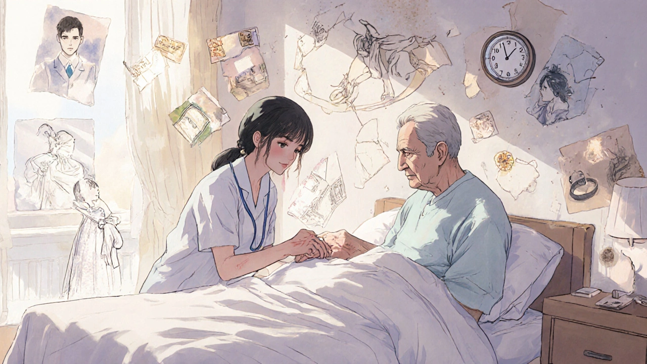 A caregiver holds the hand of a person with Alzheimer’s, as fragmented memories fade around them in soft colors.