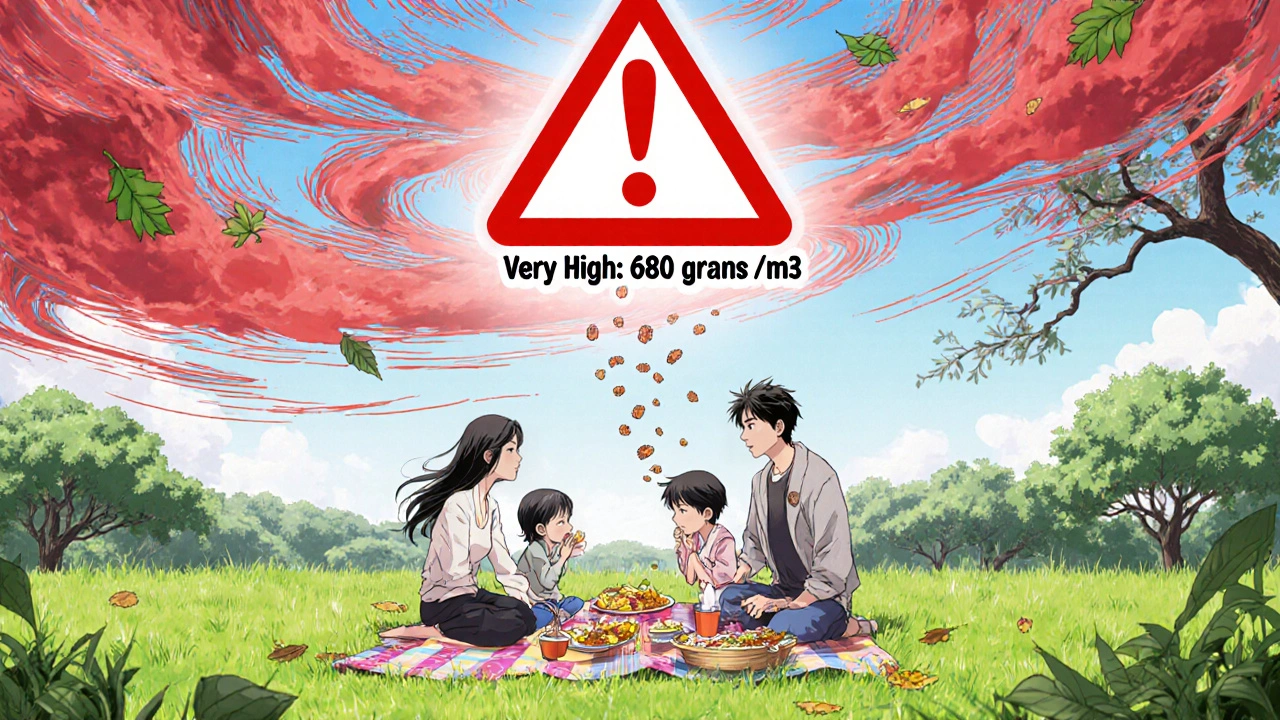 A family picnicking as a red warning symbol hovers above them, surrounded by swirling high-pollen clouds.