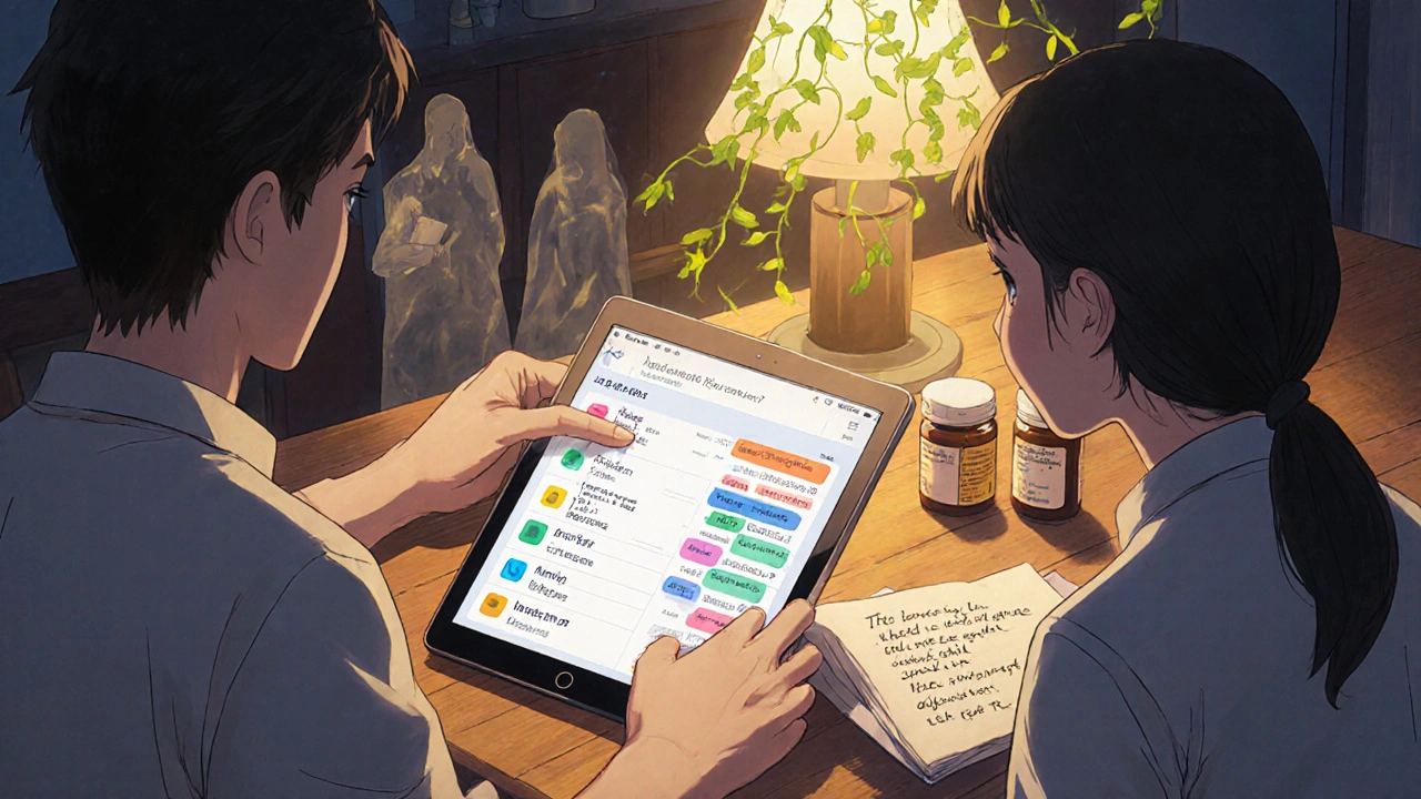 A family views a complete medication list on a tablet at night, with past medical errors fading like shadows.