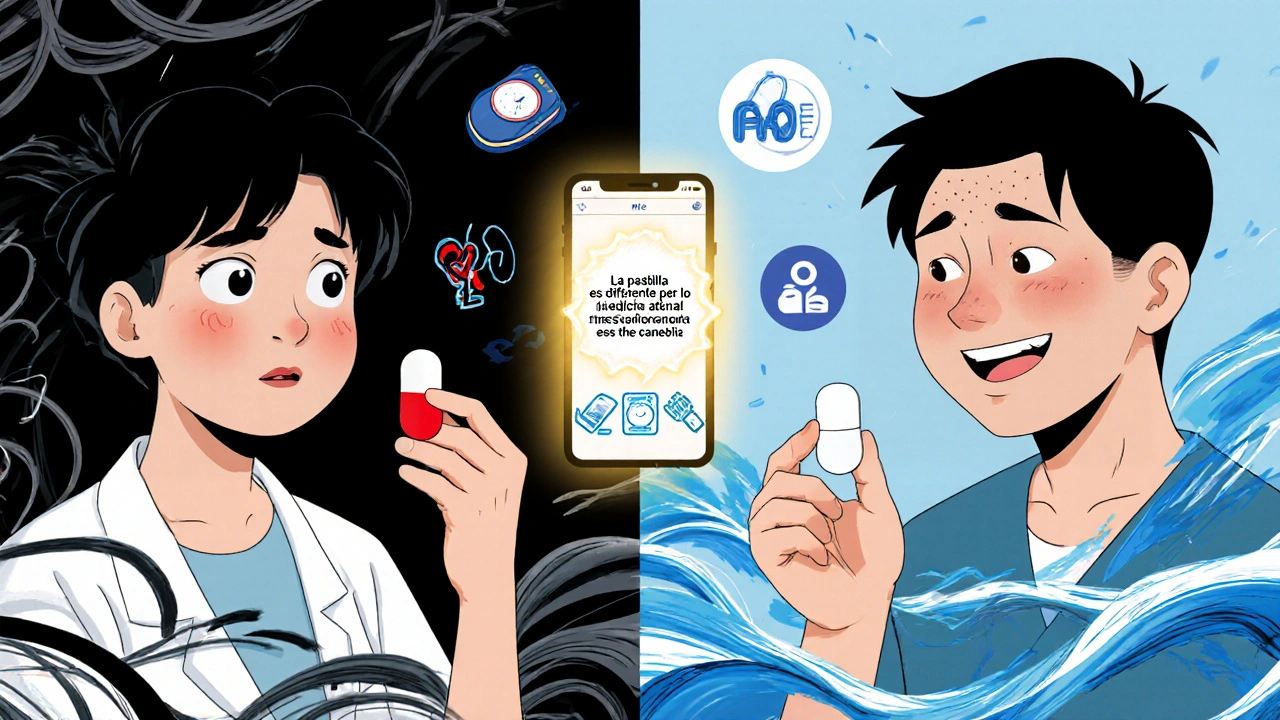 A patient transforms from worry to confidence as a generic pill glows with an FDA seal beside a brand-name version.