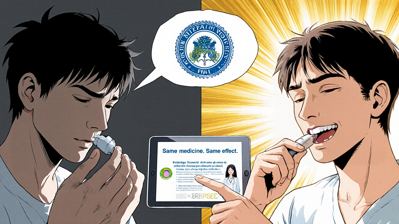 A patient transitions from doubt to confidence as a generic pill is accepted, with FDA symbols and savings stats surrounding them.