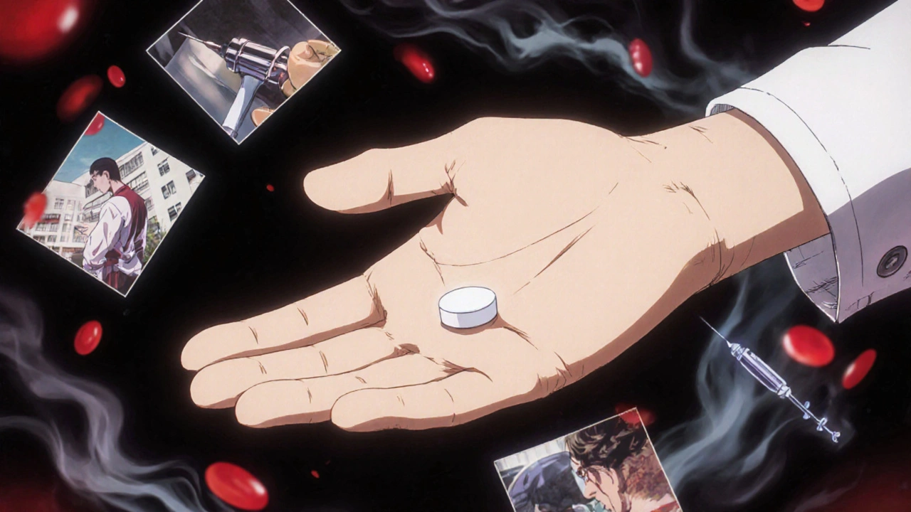 A person&#039;s hand holding a cure pill, surrounded by fading memories of how hepatitis C may have been acquired.
